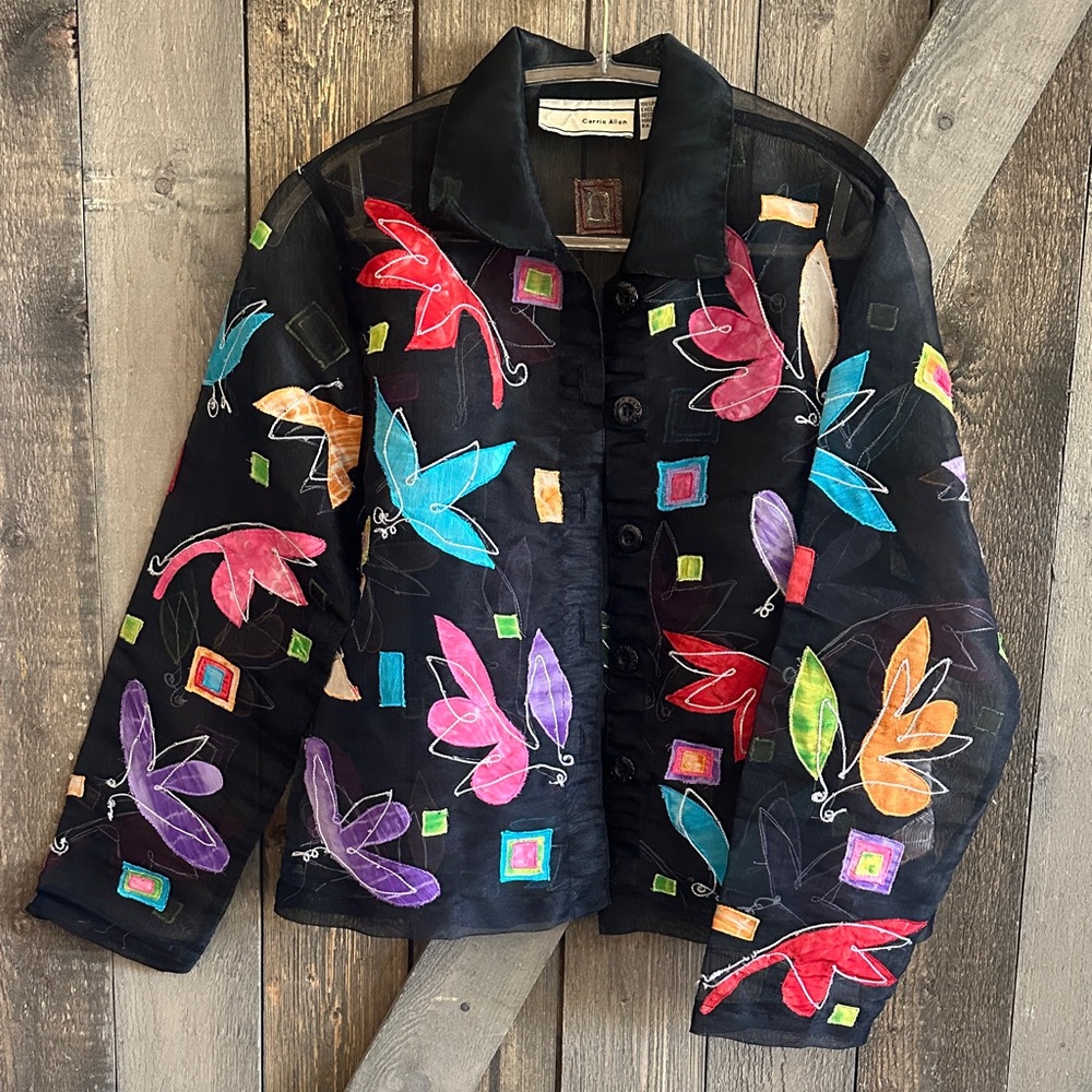 Carrie Allen Black Sheer Embroidered Floral Artsy Mesh Jacket Top Size Medium